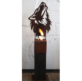 Oxidized Wolf on Oak Stele 20x20x50 cm"