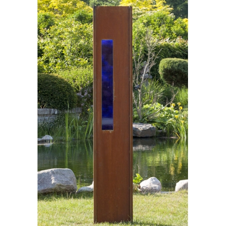 Steel Garden Wall - "with blue Rectangle glas" - Modern Outdoor Ornament - 35 x 195 cm