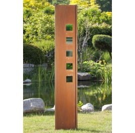 Steel Garden Wall - "with green Square" - Modern Outdoor Ornament - 35 x 195 cm