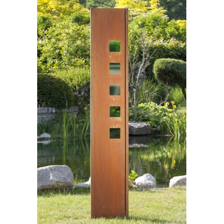 Steel Garden Wall - "with green Square" - Modern Outdoor Ornament - 35 x 195 cm