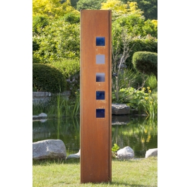 Steel Garden Wall - "with blue Square" - Modern Outdoor Ornament - 35 x 195 cm