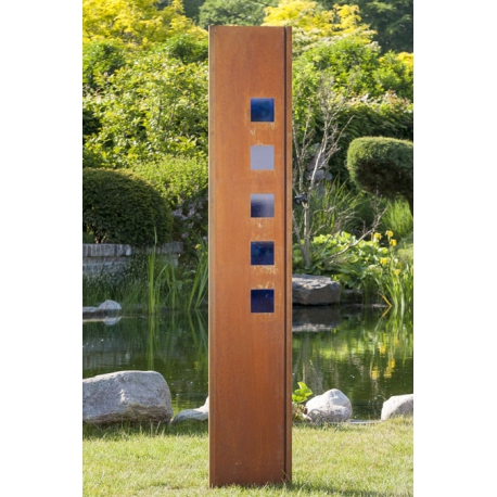 Steel Garden Wall - "with blue Square" - Modern Outdoor Ornament - 35 x 195 cm