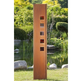 Steel Garden Wall - "with red Square" - Modern Outdoor Ornament - 35 x 195 cm