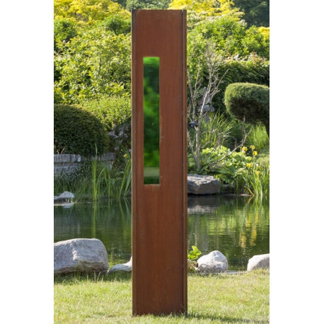 Steel Garden Wall - "with green Rectangle glas" - Modern Outdoor Ornament - 35 x 195 cm