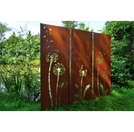 Steel Garden Wall - "Triptych Dandeleon" - Modern Outdoor Ornament - 225 x 195 cm