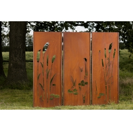 Stahl Gartenwand - "Triptychon Wiese" - Modernes Outdoor-Ornament - 225 x 195 cm