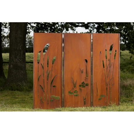 Stahl Gartenwand - "Triptychon Wiese" - Modernes Outdoor-Ornament - 225 x 195 cm