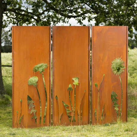 Steel Garden Wall - "Tripychon Flowers" - Modern Outdoor Ornament - 225 x 195 cm