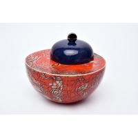 Multicolored ceramic urn blue and orange by Heidi Hartmann